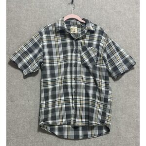 Red Head Shirt Mens Medium Plaid Button‎ Down Gray Brown Short Sleeve Outdoor